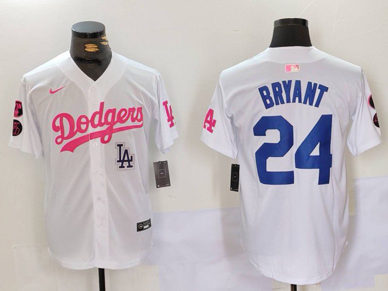 Men Los Angeles Dodgers 24 Bryant White pink joint name 2024 Nike MLB Jersey style 5